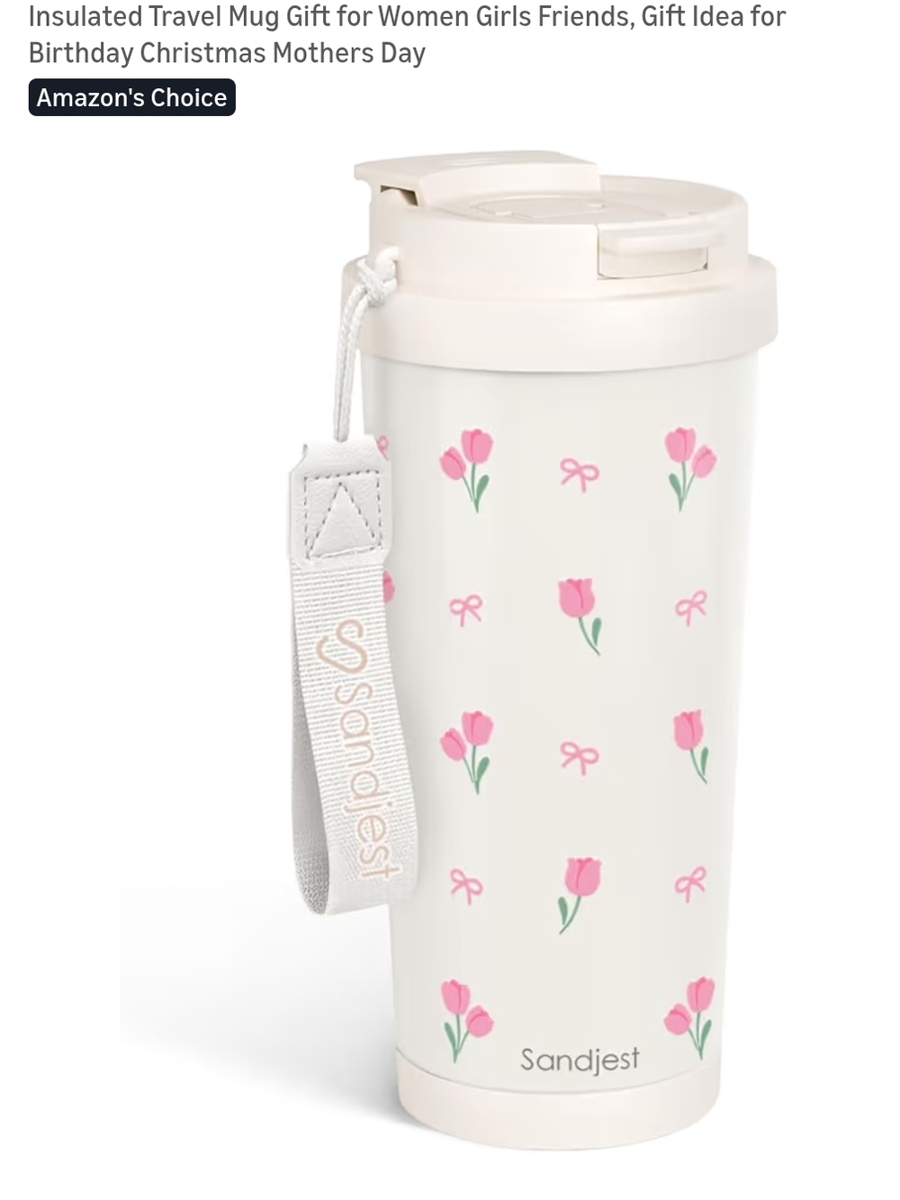 Floral Insulated Travel Mug - Cream with Pink Tulips